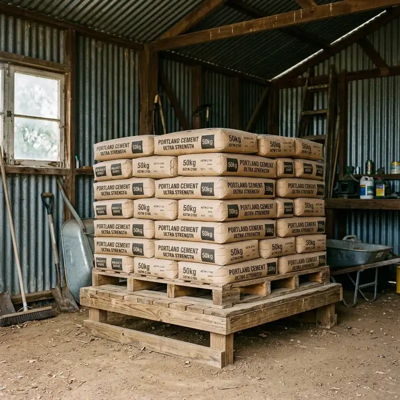 Correct cement storage method on raised wooden platform in a dry shed