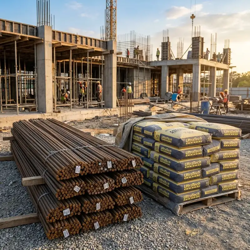 Indian home construction site with steel and cement