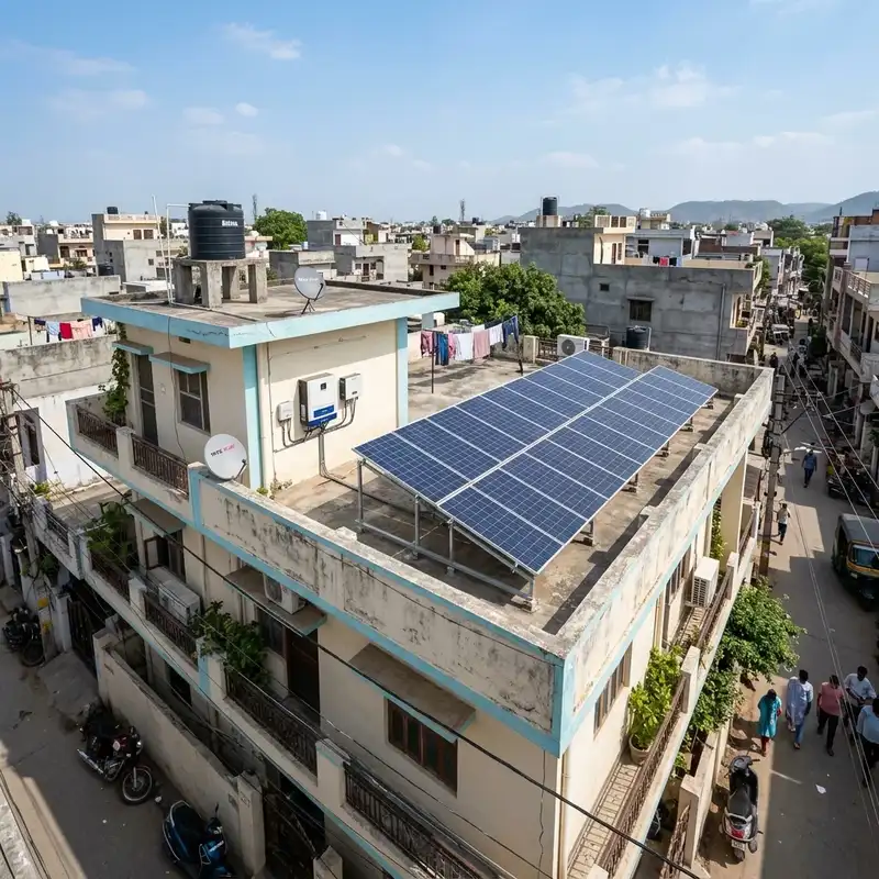 Solar panels on Indian residential house rooftop