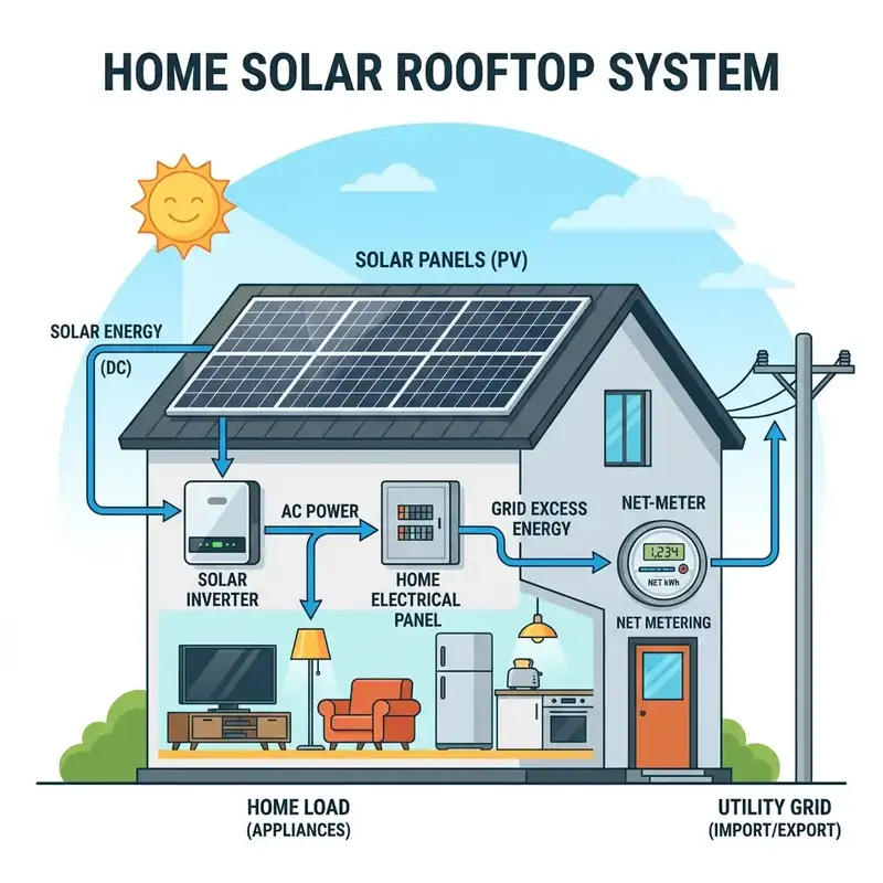 Rooftop solar system workflow diagram illustration